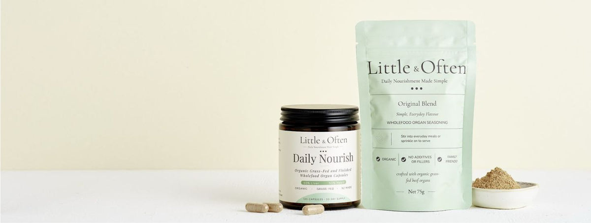 Little & Often Daily Nourish capsules beside Original Blend wholefood organ seasoning and a bowl of seasoning powder.